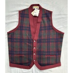 NWT James Pringle Weavers Men's Pure N.Wool Plaid Vest Large Burgundy Green Blue